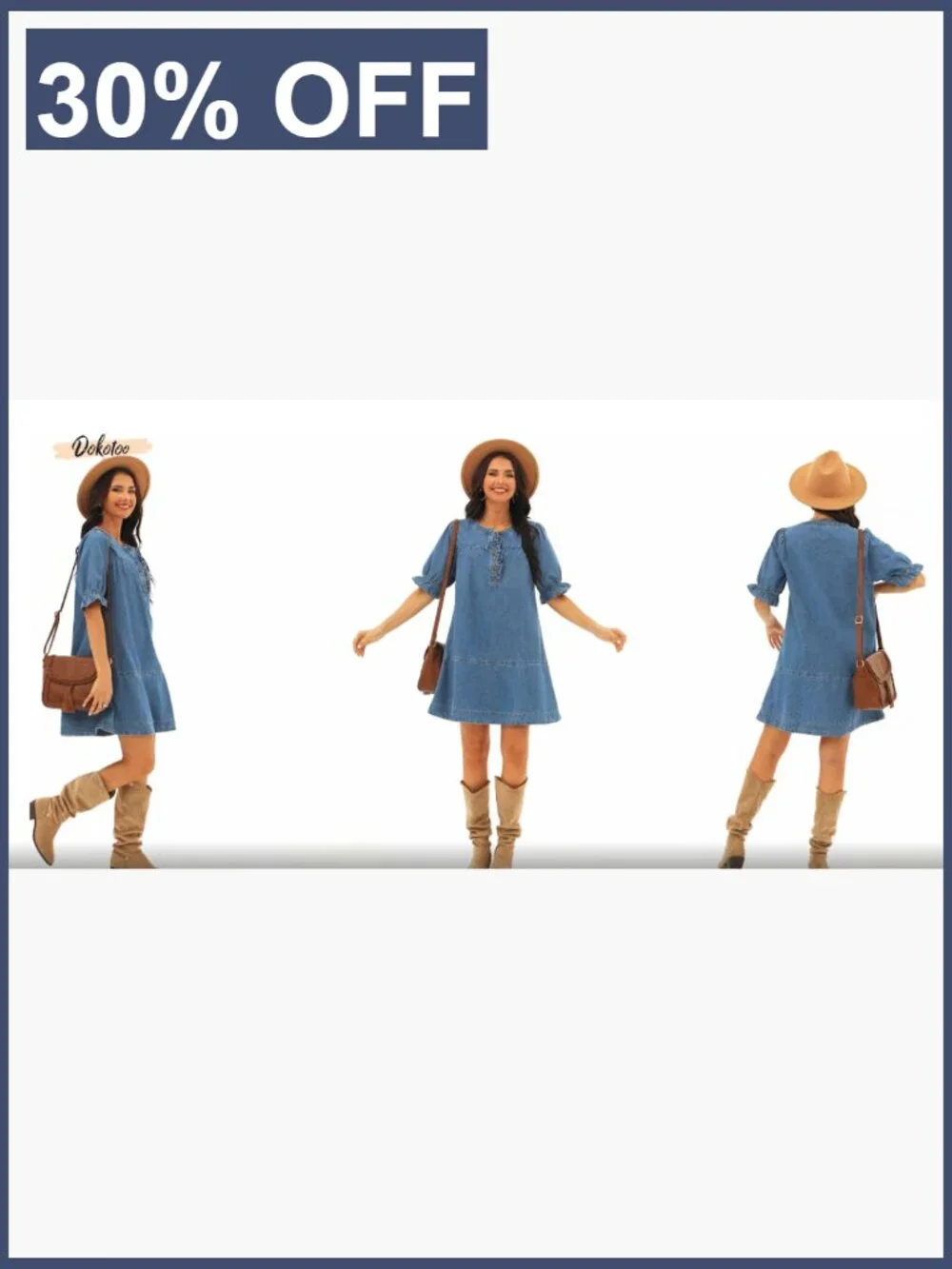 Denim Babydoll Dress with Short Sleeves and Button Front - Picture 7 of 7